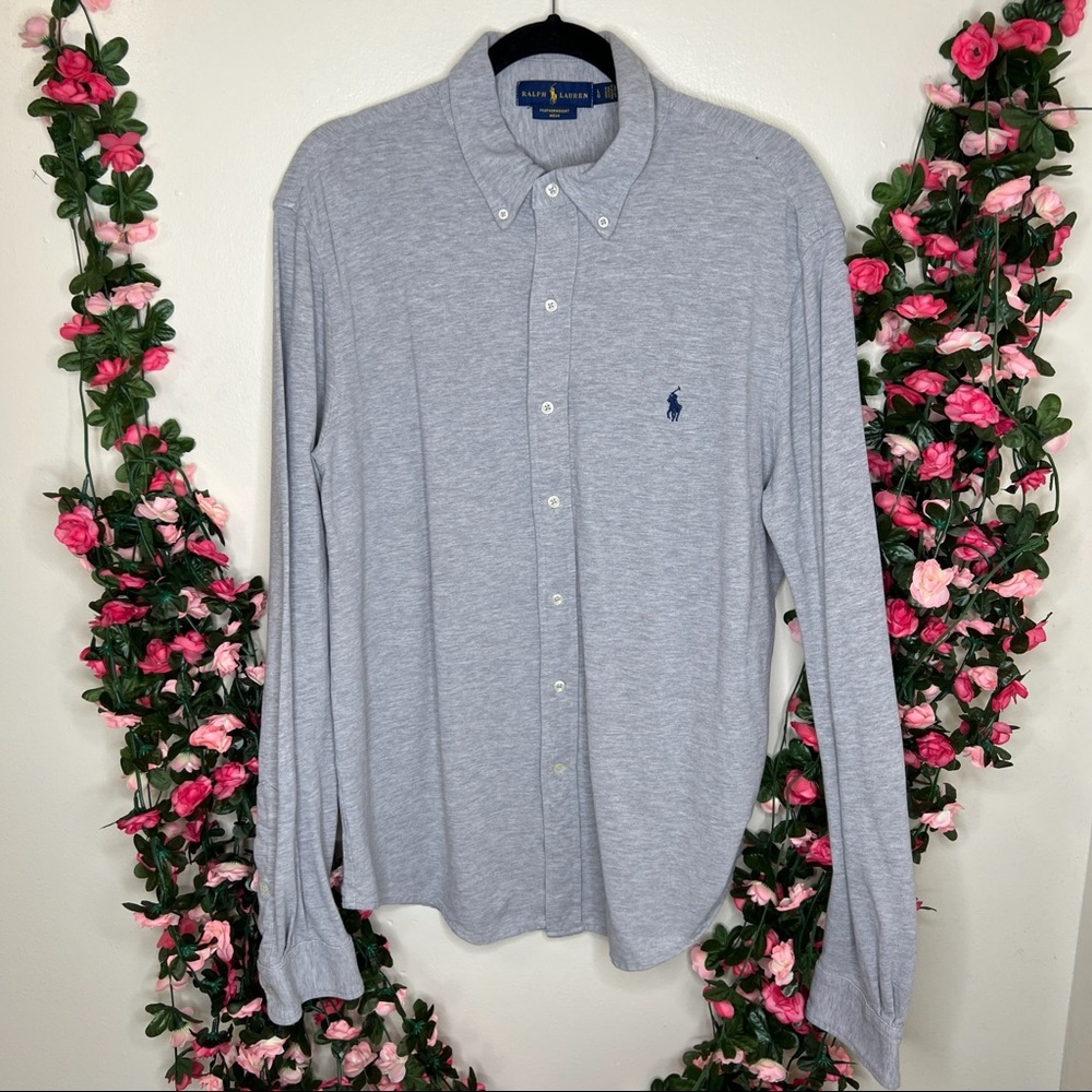 Ralph Lauren Grey Silver Button Down Shirt Mens Featherweight Mesh Shirt Large